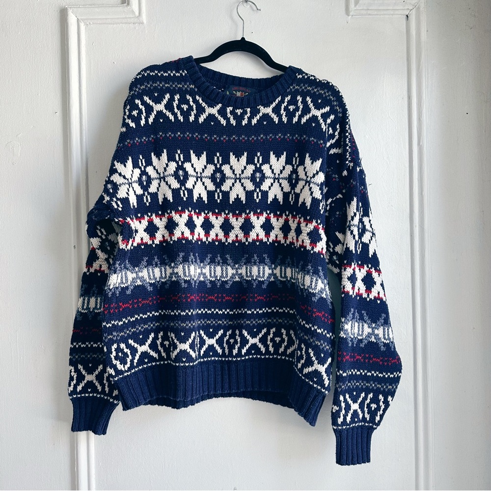 Navy and White American Vintage winter snowflake fairisle Sweater 100% cotton XL